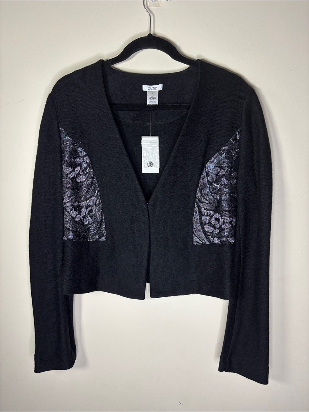 Cache Black Cropped Wool Cardigan Blazer with Iridescent Silver Purple Sequined